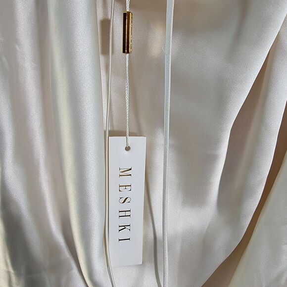 NWT MESHKI Ivana Ivory Sand Satin Halter Slinky Backless Mini Dress Tieback M - Picture 4 of 12